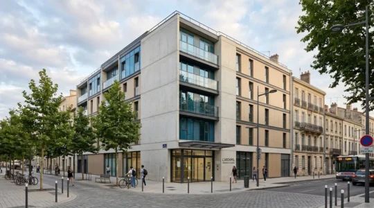 Façade extérieure d'une résidence de services moderne de 4 étages avec architecture contemporaine en verre et béton, entrée sécurisée visible, située dans un environnement urbain français avec arbres alignés, sous lumière naturelle d'après-midi.