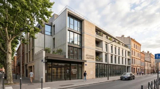 Façade extérieure d'une résidence de services moderne de 4 étages avec architecture contemporaine en verre et béton, entrée sécurisée visible, située dans un environnement urbain français avec arbres alignés, sous lumière naturelle d'après-midi.